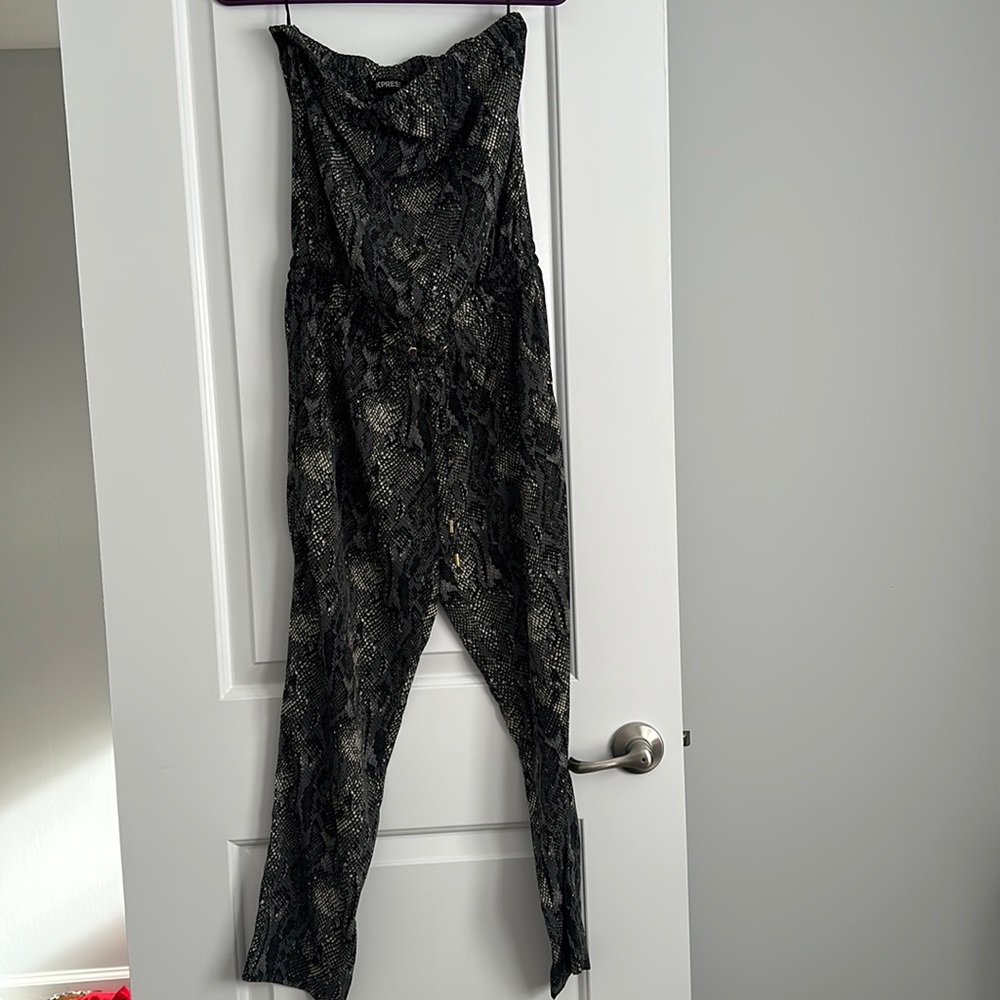 Express jumpsuit strapless snake skin